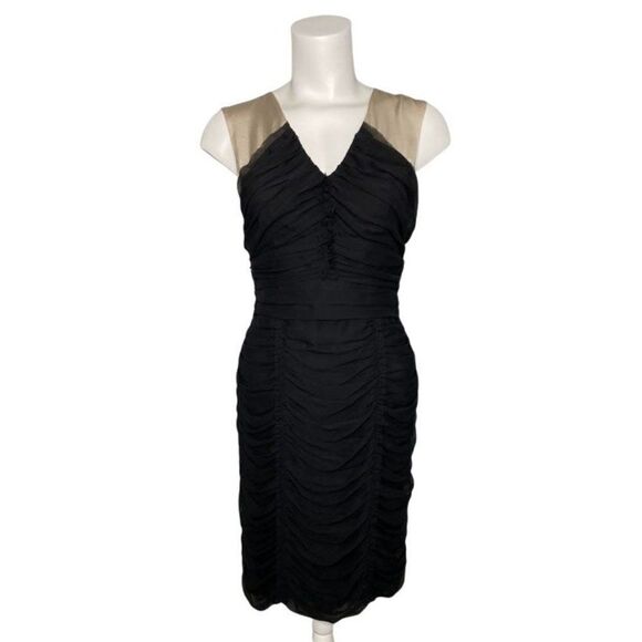 BANANA REPUBLIC BR Monogram Black Nude Chiffon Ruched Cocktail Dress 4 - Picture 1 of 10